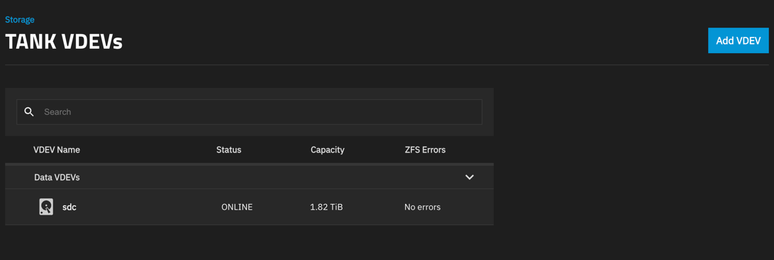 Pool topology showing single disk VDEV